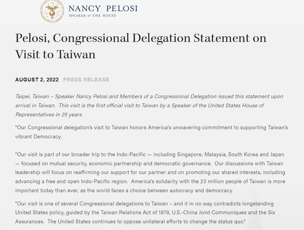 Chủ tịch Hạ viện Hoa Kỳ Nancy Pelosi: Giữ lời hứa ủng hộ nền dân chủ của Đài Loan (Ảnh: Văn phòng Nancy Pelosi cung cấp)