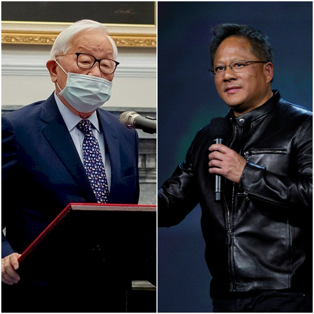 Người sáng lập tập đoàn TSMC Trương Trung Mưu (trái), và Tổng Giám đốc điều hành NVIDIA Jensen Huang (phải) (Ảnh ghép bởi RTI, nguồn: CNA, Reuters)