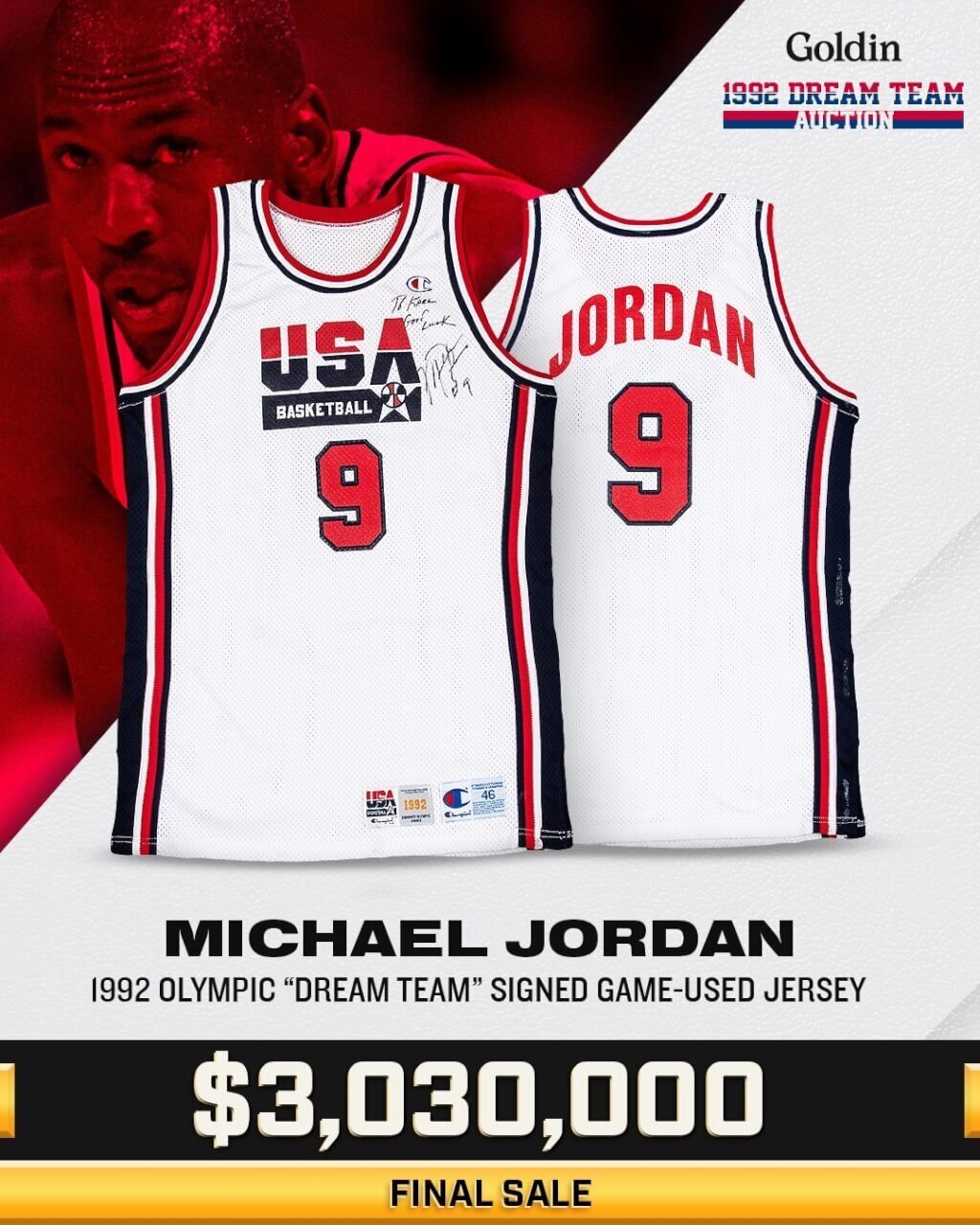 Chiếc áo thi đấu của Jordan khi tham gia Olympic 1992 được bán với mức giá 3,03 triệu đô la Mỹ (khoảng 93 triệu Đài tệ).