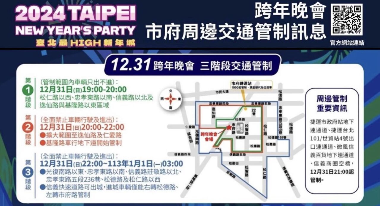 Sẽ thực hiện quản lý giao thông theo 3 giai đoạn tại khu Xinyi trong buổi nhạc hội chào mừng năm mới Đài Bắc tối nay. (Hình chụp từ Facebook)